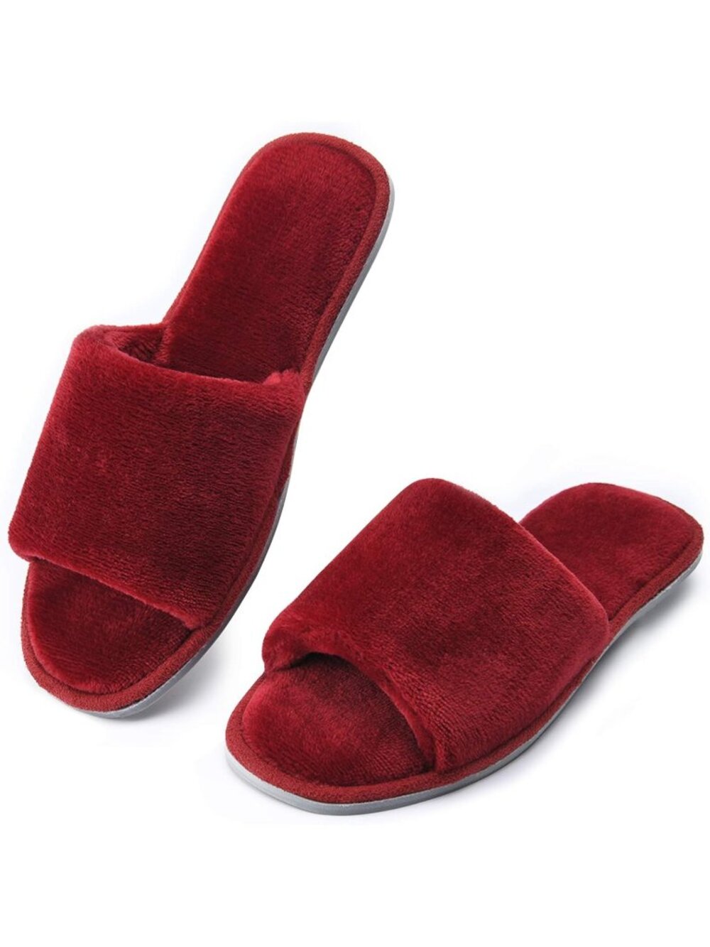 Women's Wine Red Open Toe Cozy Memory Foam Flannel Breathable Indoor Slippers